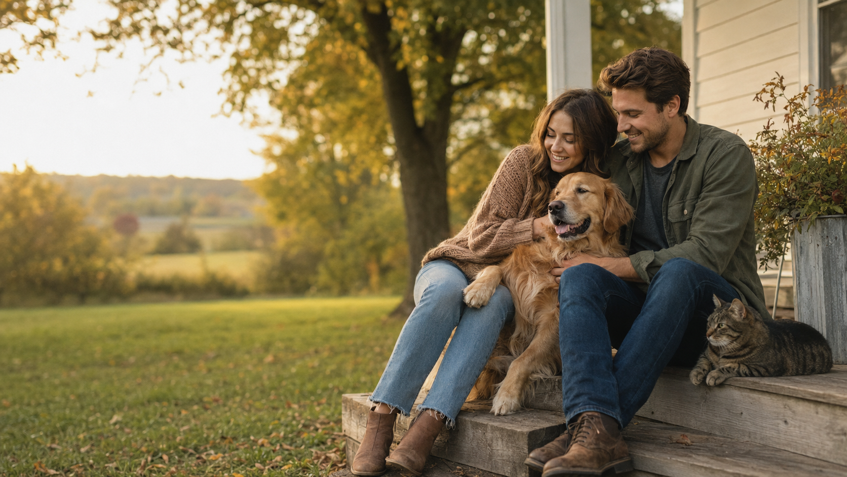 A couple relaxing with their golden retriever and tabby cat at home in Lancaster County